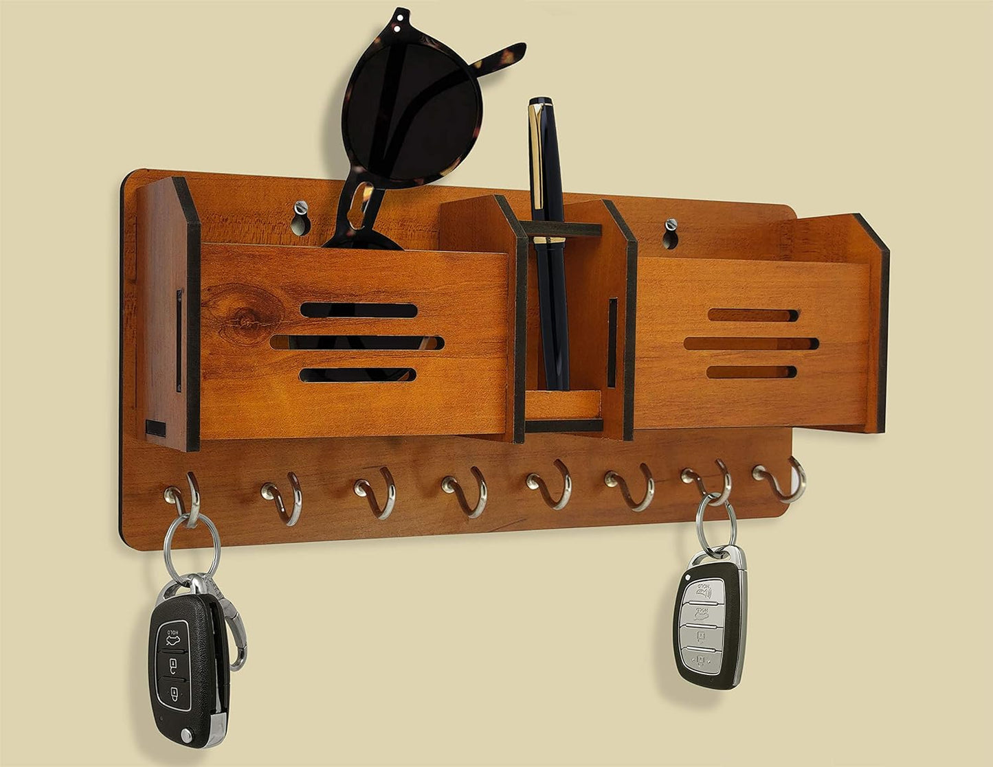 Wooden Wall Mounted Key Holder with Mobile Stand – Multi-Purpose Entryway Organizer