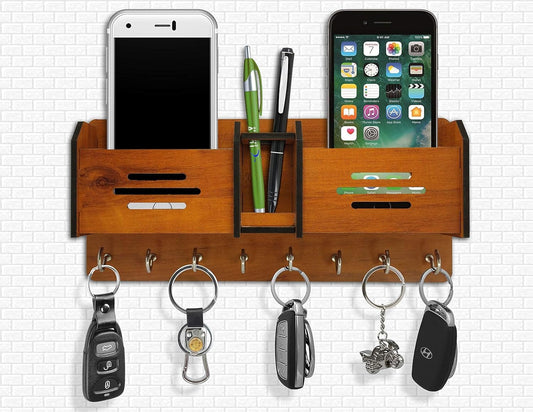 Wooden Wall Mounted Key Holder with Mobile Stand – Multi-Purpose Entryway Organizer
